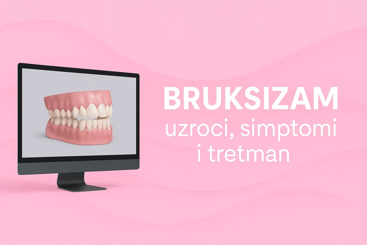 Ružičasti banner s valovima: monitor prikazuje 3D model zuba, desno naslov ''''''''Bruksizam – uzroci, simptomi i tretman